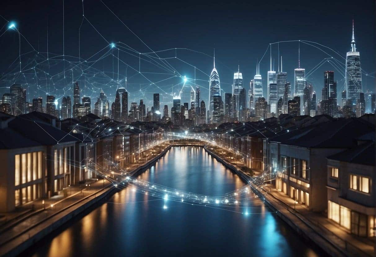 A futuristic city skyline with data streams connecting to various buildings, symbolizing predictive analytics enhancing customer engagement