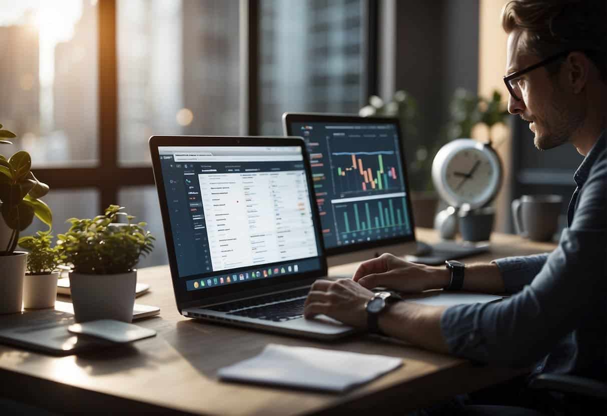 A person at a desk, brainstorming CRO and SEO strategies for e-commerce websites, surrounded by charts, graphs, and digital analytics tools