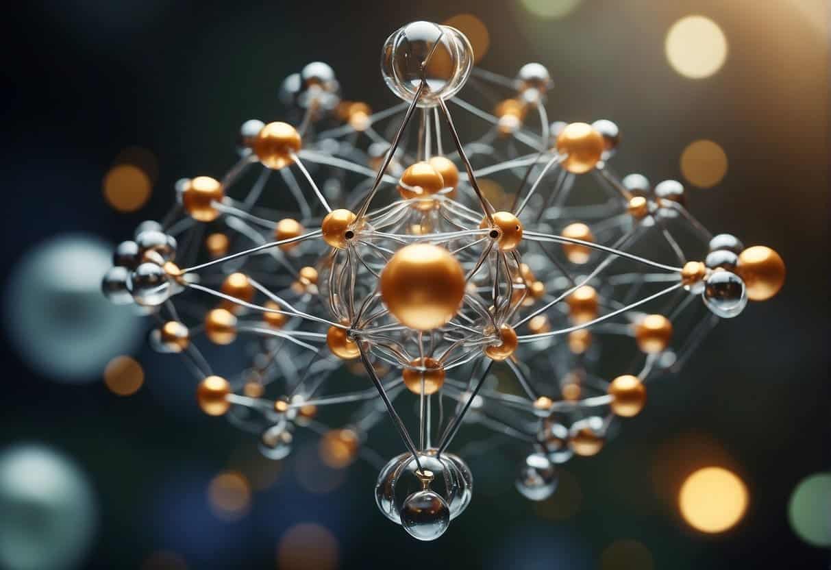 Atoms in motion, interacting with quantum effects, forming a dynamic web structure