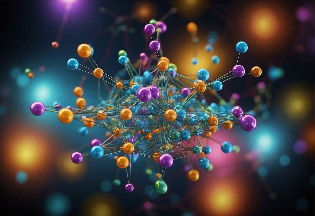 A web of colorful, interconnected nodes representing quantum-driven interactions, surrounded by chemical structures, symbolizing exploration and design
