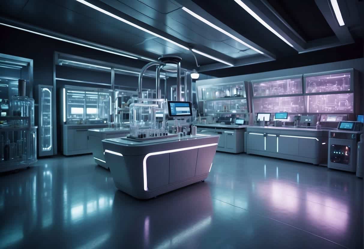 A futuristic laboratory with holographic interfaces and advanced machinery for pharmaceutical research
