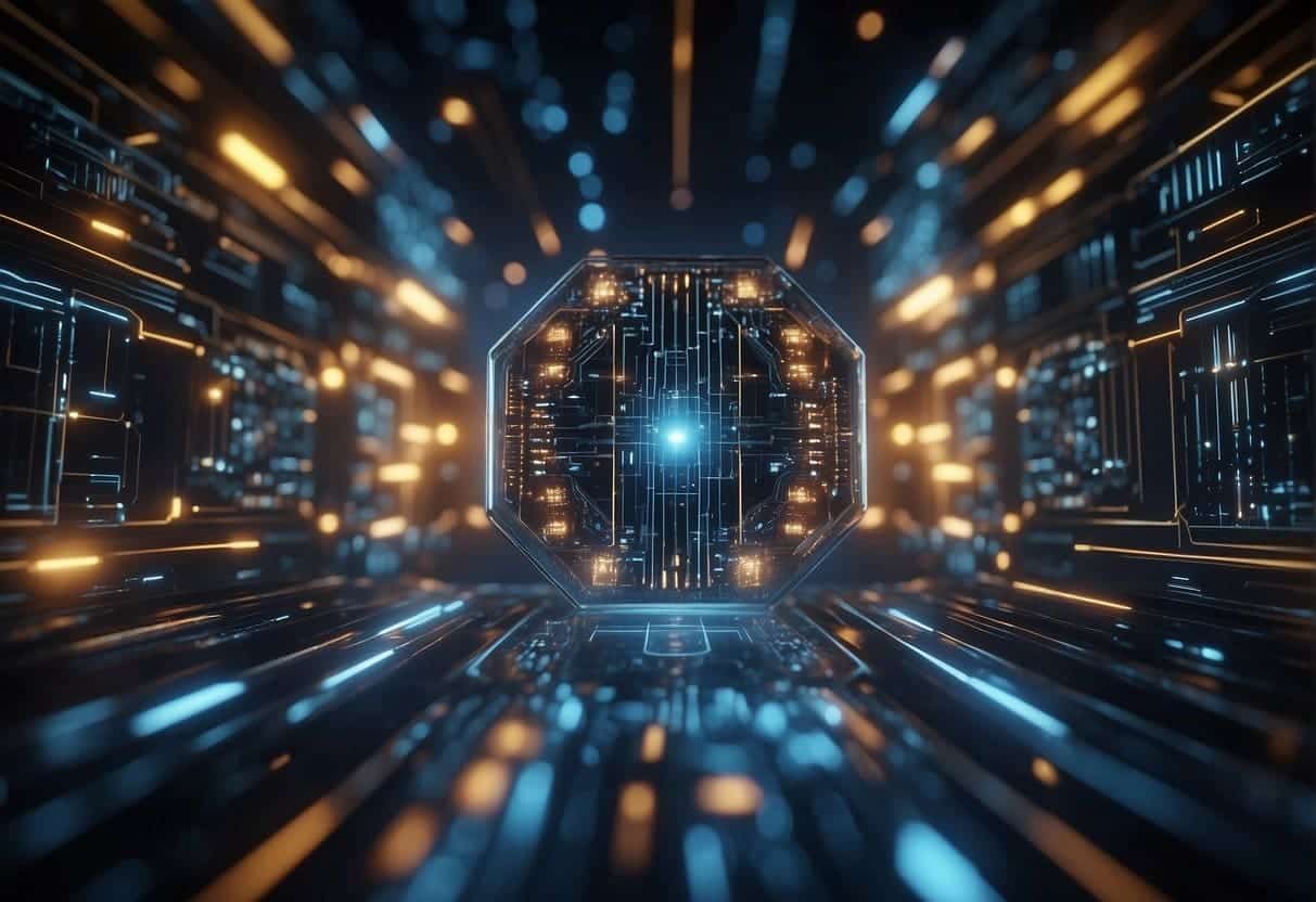 AI and quantum computing merge, creating a web app interface. Quantum-driven design elements interact with AI algorithms, shaping the future of technology