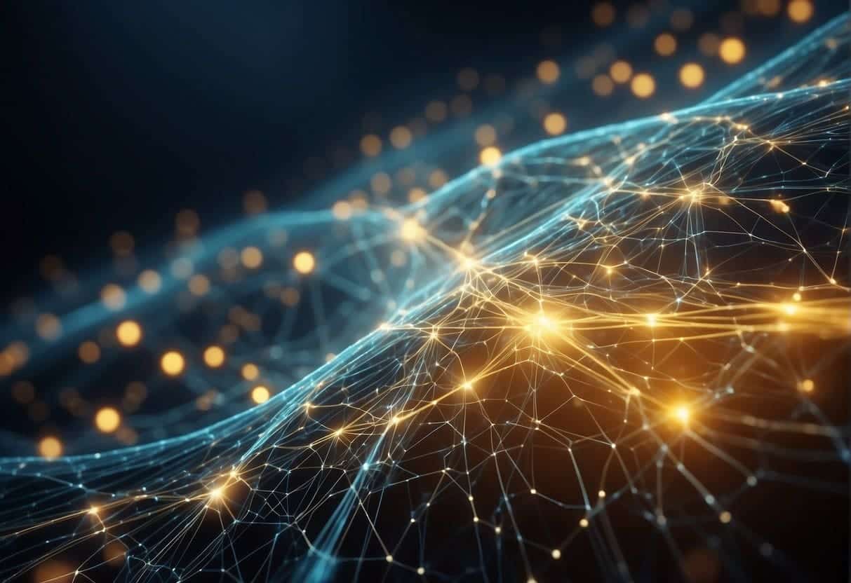 An abstract web of interconnected particles and waves, pulsating with energy and potential, representing quantum-driven interaction design for web applications