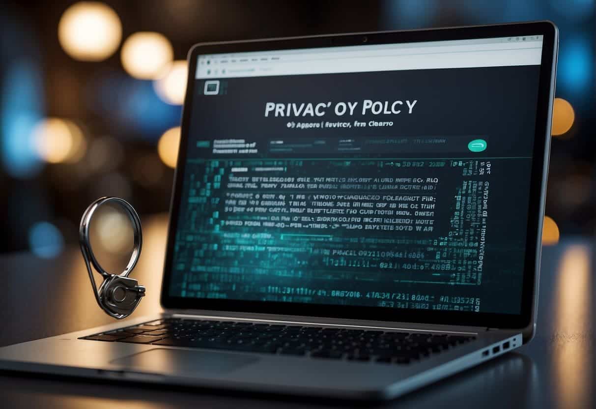 A computer screen displaying a privacy policy surrounded by lock icons and data symbols, with a magnifying glass hovering over the text