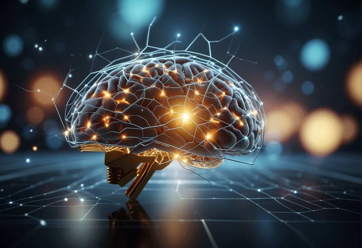 A brain with web design elements activating neurons in response to clicks