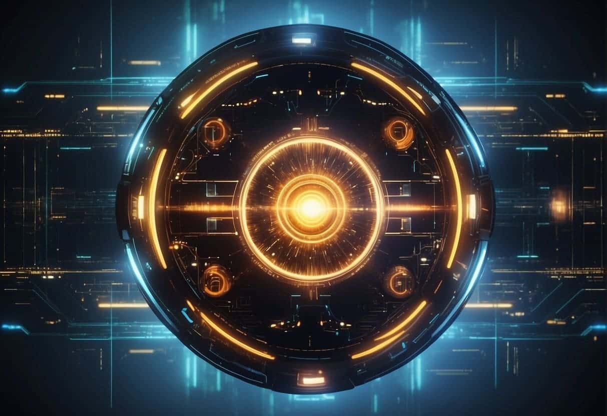 A futuristic interface with quantum-inspired elements, glowing with vibrant colors and geometric patterns, seamlessly integrating with advanced technology