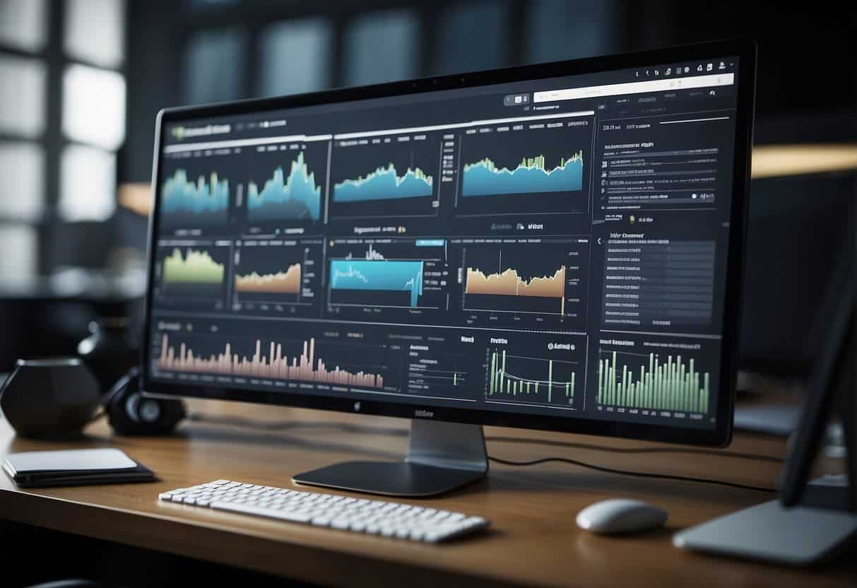 A computer screen showing multiple tabs open with various competitor websites, charts and graphs displaying SEO analysis data