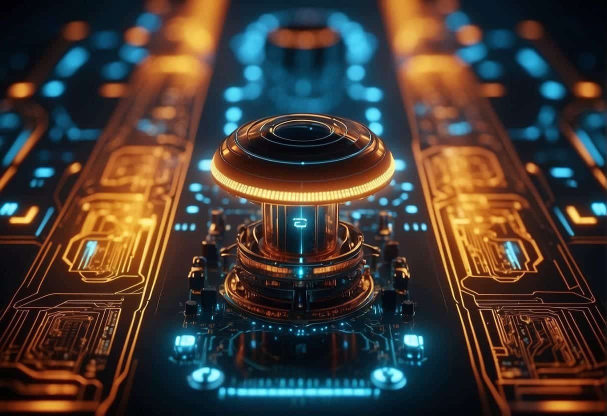 A quantum computer with a sleek, futuristic interface, glowing with vibrant colors and intricate patterns, surrounded by cutting-edge technology