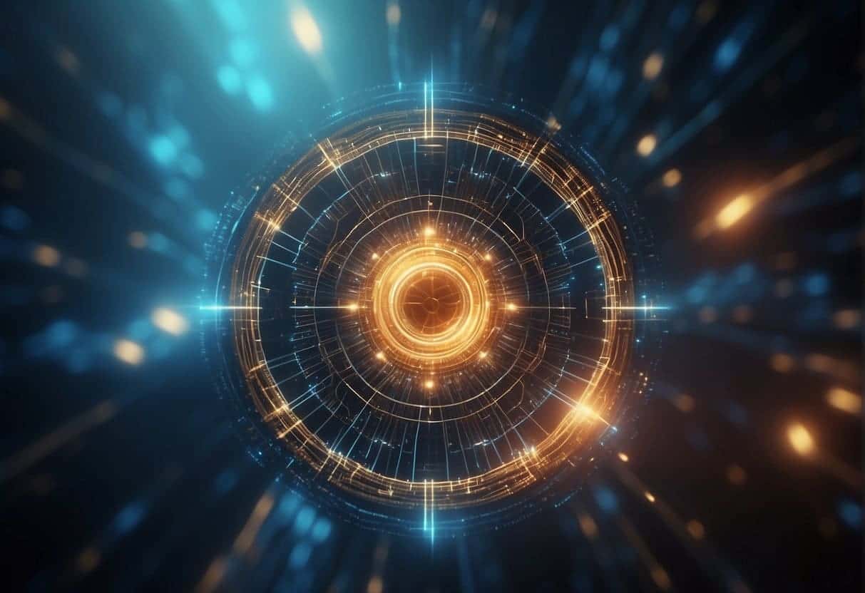 A glowing quantum-inspired interface hovers in mid-air, emitting pulsating waves of light and intricate geometric patterns. The surrounding environment is filled with a sense of futuristic technology and innovation