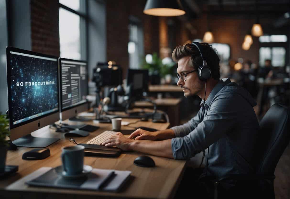 A designer sits at a computer, surrounded by SEO tools and web design resources. They are focused and engaged in creating a user-friendly experience