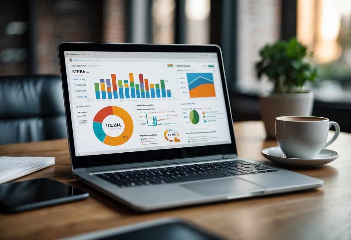 A laptop displaying SEO and PPC statistics, surrounded by digital marketing icons and graphs