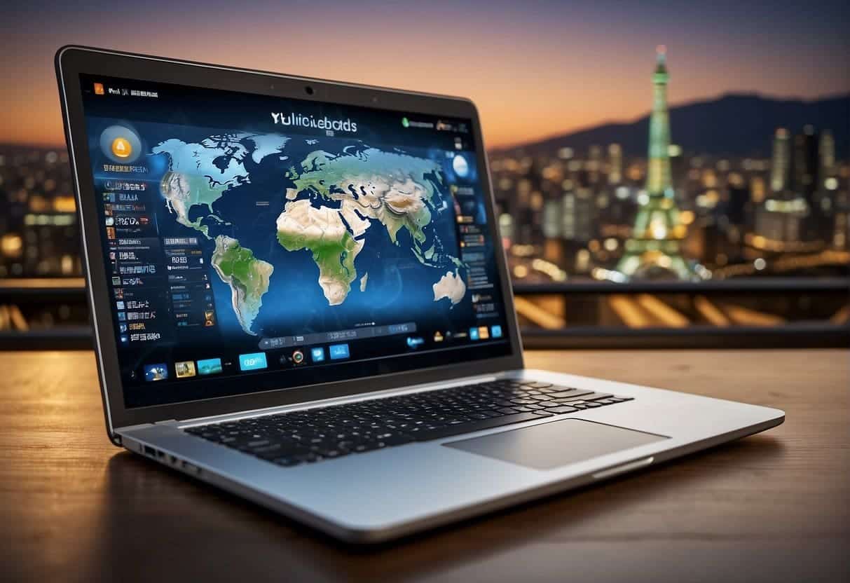 A laptop displaying multilingual websites with SEO elements, surrounded by global landmarks and cultural symbols
