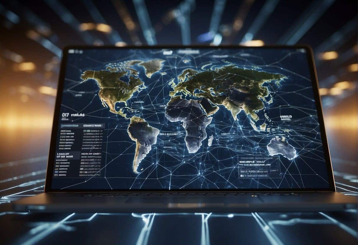 A computer screen displaying a world map with various websites interconnected by lines, symbolizing link building and backlink strategies for international SEO