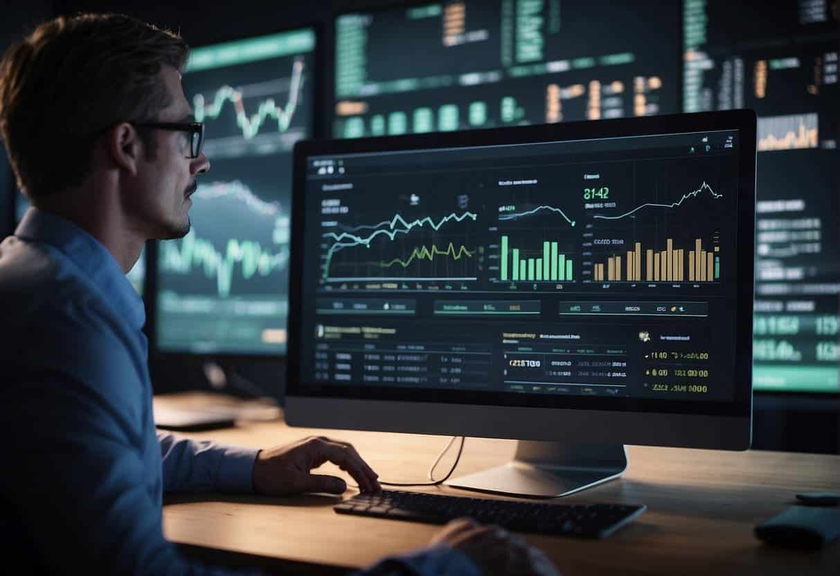 A computer screen displays analytics data for international websites, while a performance monitoring tool tracks SEO metrics in real-time