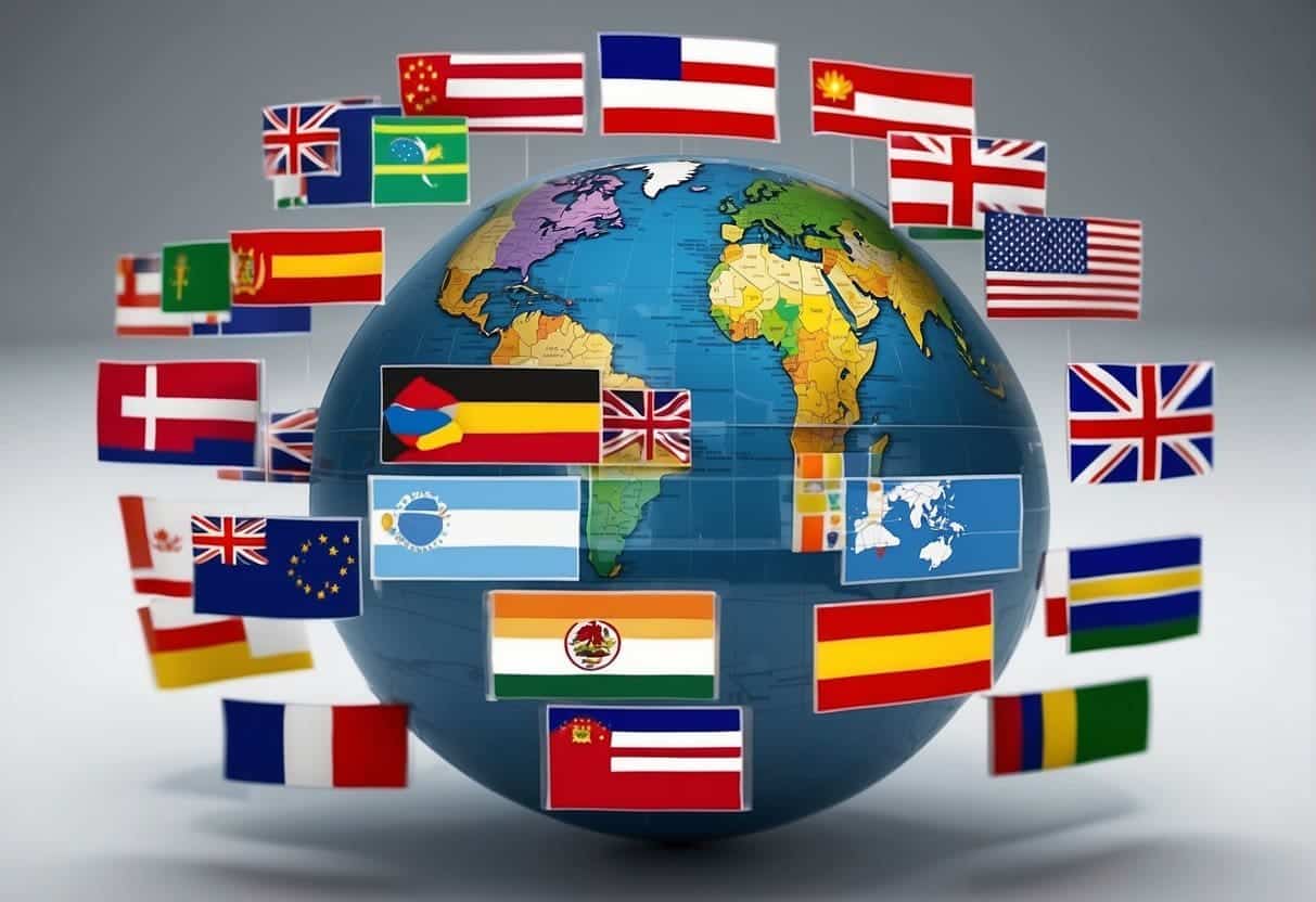 A globe with multiple language flags circling around it, symbolizing global reach and multilingual SEO for user-friendly websites