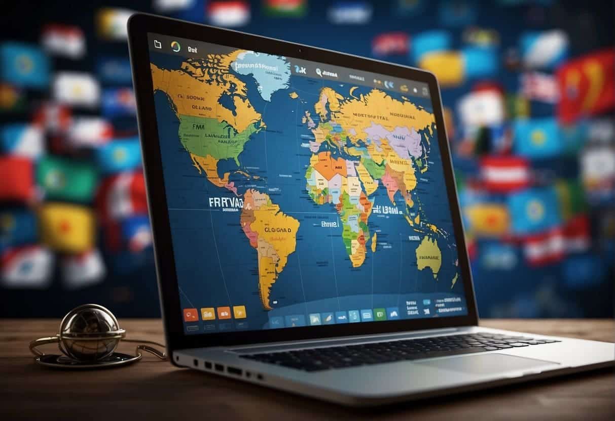 A world map with multiple language flags, a laptop with global website analytics, and a globe with SEO keywords orbiting around it