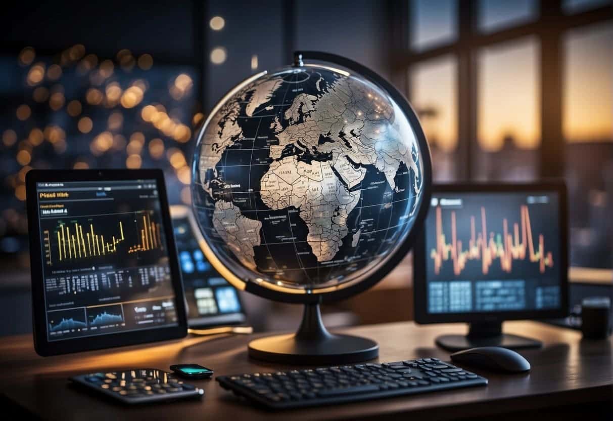 A globe surrounded by various digital tools and analytics charts, with multilingual keywords and SEO strategies displayed on a computer screen