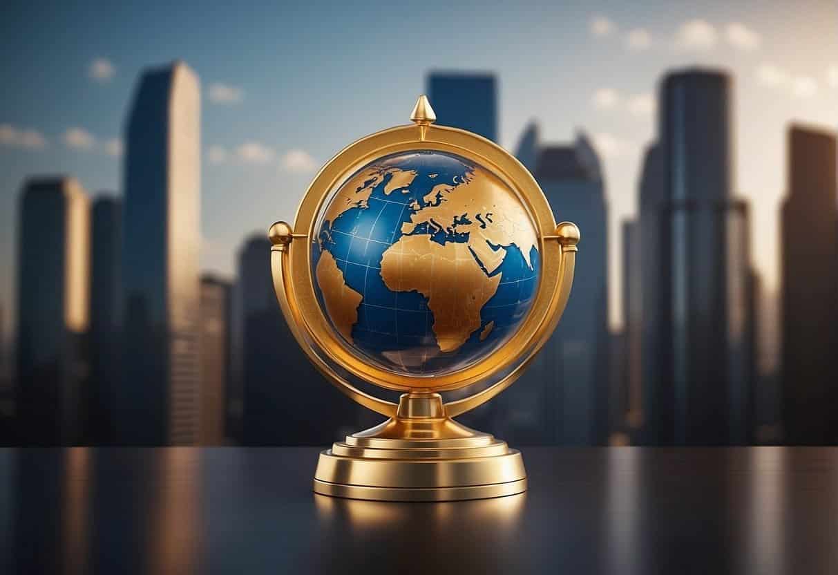 A globe with multiple language flags, surrounded by skyscrapers and a trophy symbolizing authority and competitive advantage