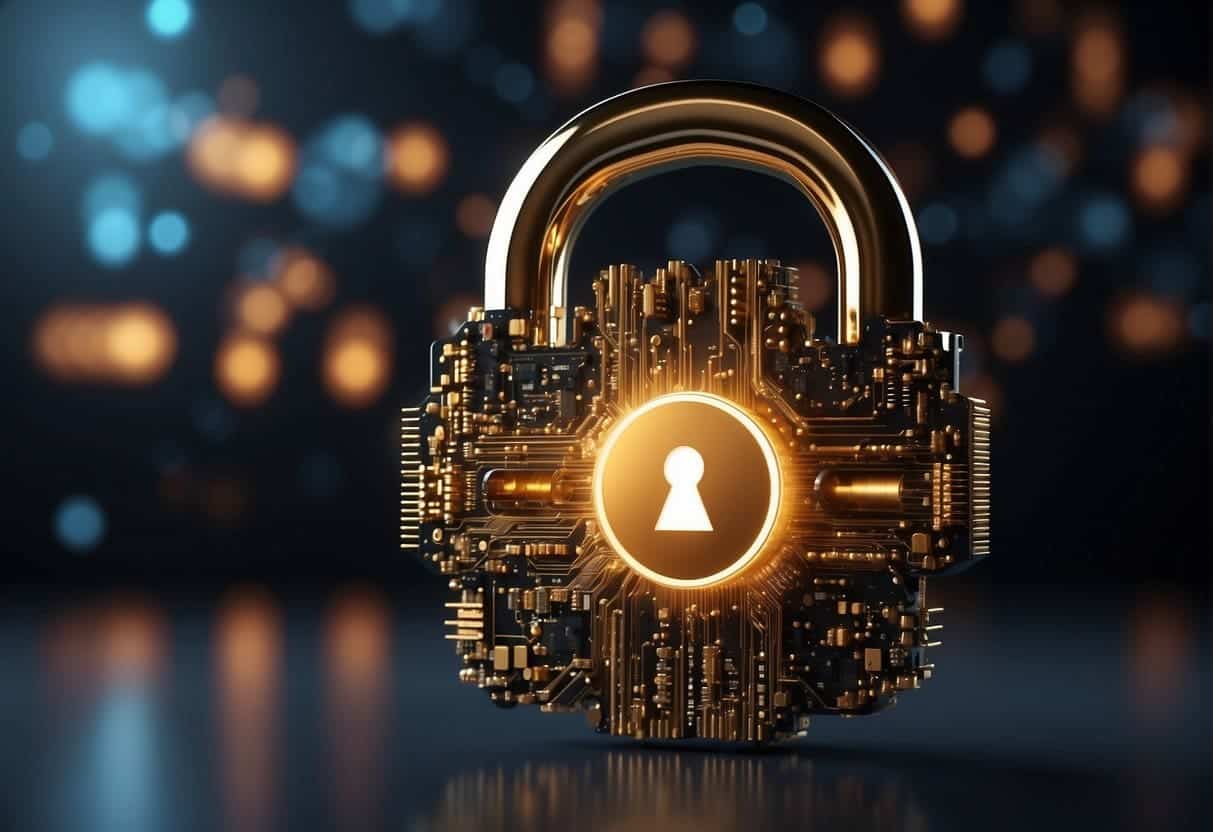 A digital lock with a glowing blockchain symbol, surrounded by web security icons, represents trust and revolutionizes the digital space