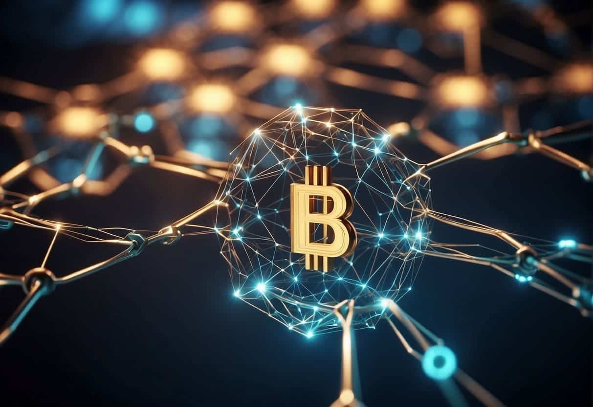 A blockchain network with interconnected nodes and secure data transactions, symbolizing enhanced web security and trust