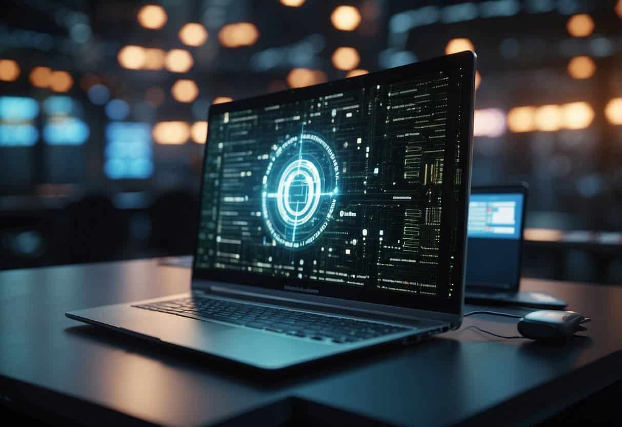 A computer screen displaying a secure blockchain network with interconnected blocks and encrypted data, surrounded by digital locks and shields