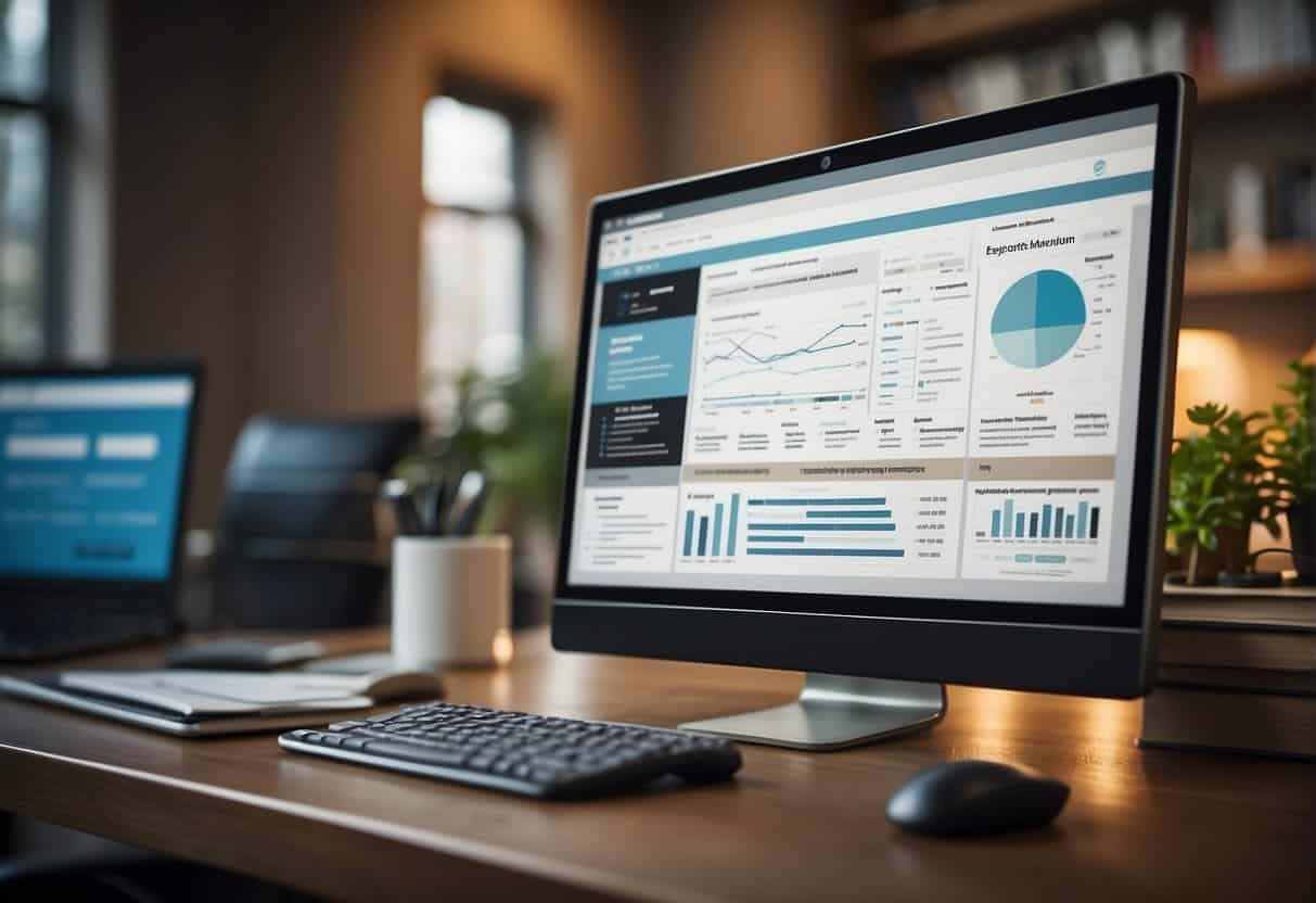 A computer monitor displays a website's architecture diagram with keywords and content optimization strategies. The screen is surrounded by SEO tools and books on search engine optimization