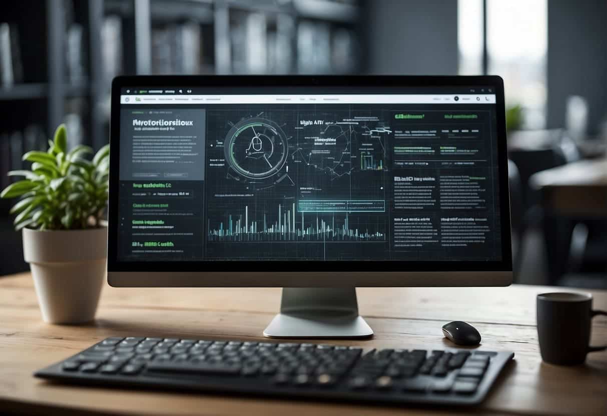 A computer screen displaying a website's architecture with SEO tactics highlighted. Multiple tabs open with keyword research and on-page optimization tools