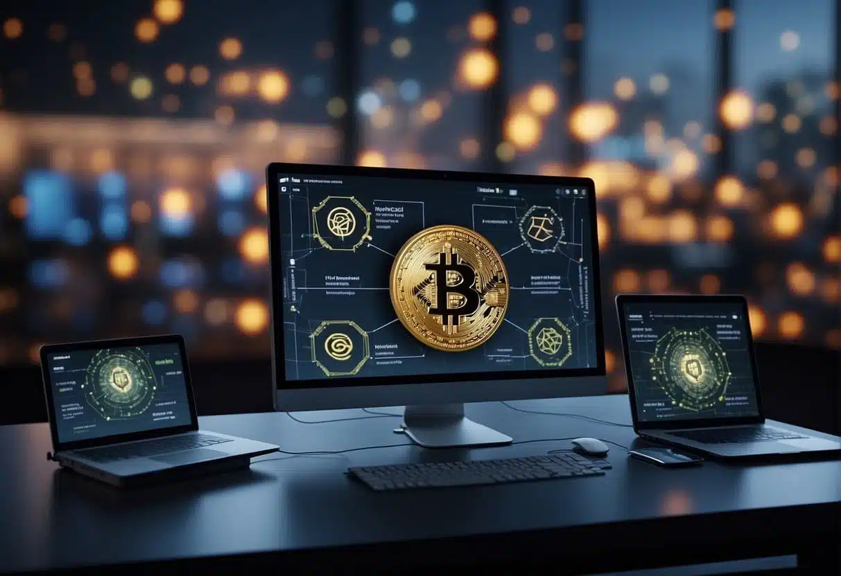 A computer screen displaying a blockchain network with interconnected nodes and data blocks, alongside a web design interface with digital identity verification features