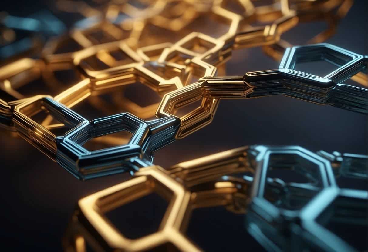 A network of interconnected blocks forming a chain. Each block contains encrypted data. Web design elements surround the blockchain, representing digital identity verification