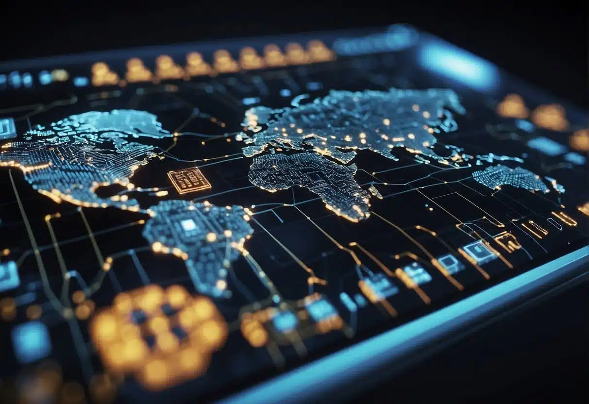 A computer screen displaying a secure blockchain network with a digital identity verification process, surrounded by symbols representing privacy and security