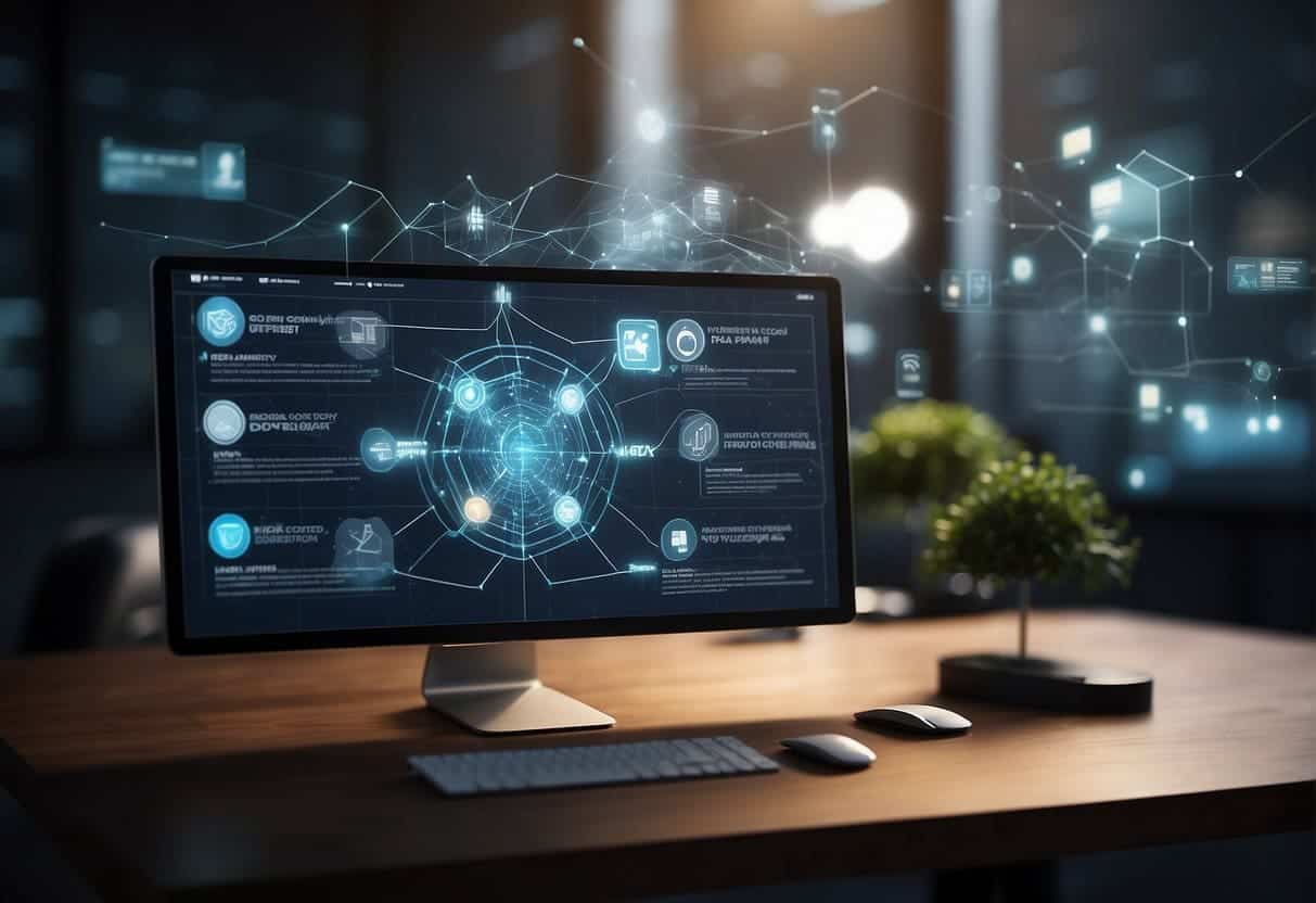 A computer screen displays a blockchain network diagram. A web design interface is shown with digital identity verification applications