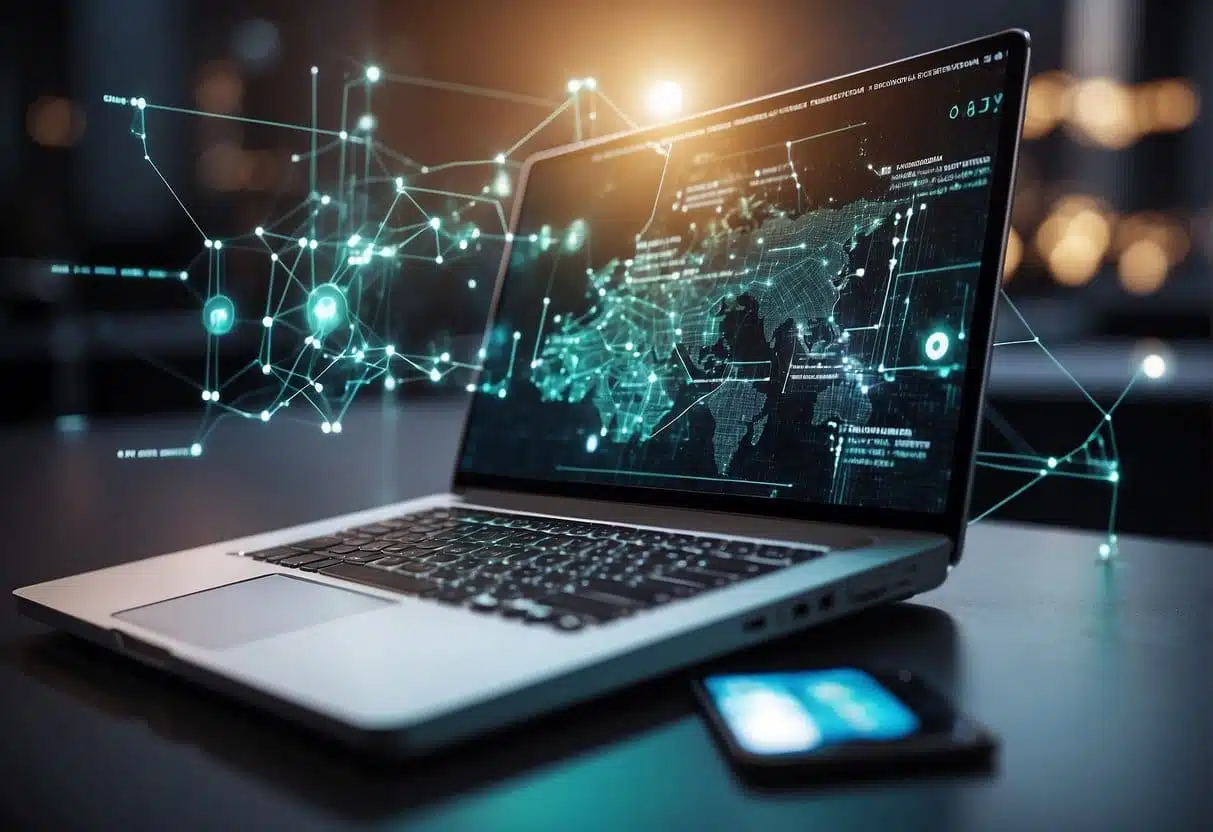 A computer screen displays a blockchain network diagram with interconnected nodes, representing digital identity verification standards for web design