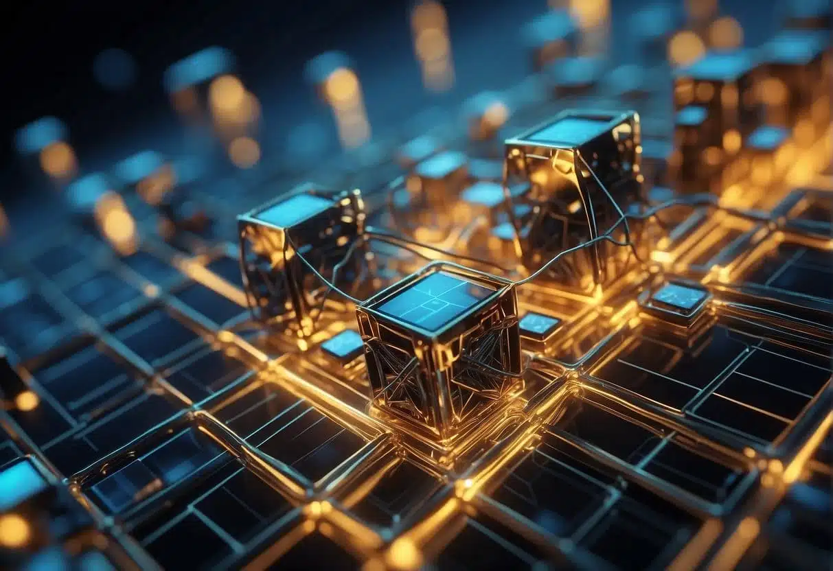A network of interconnected blocks with data flowing through them, representing the impact of blockchain on fraud prevention in digital identity verification