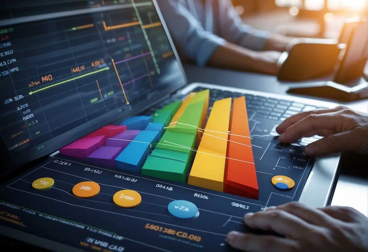Industry-specific data charts compare SEO and PPC statistics. Rising and falling trends are highlighted with color-coded bars and lines, illustrating the competitive landscape