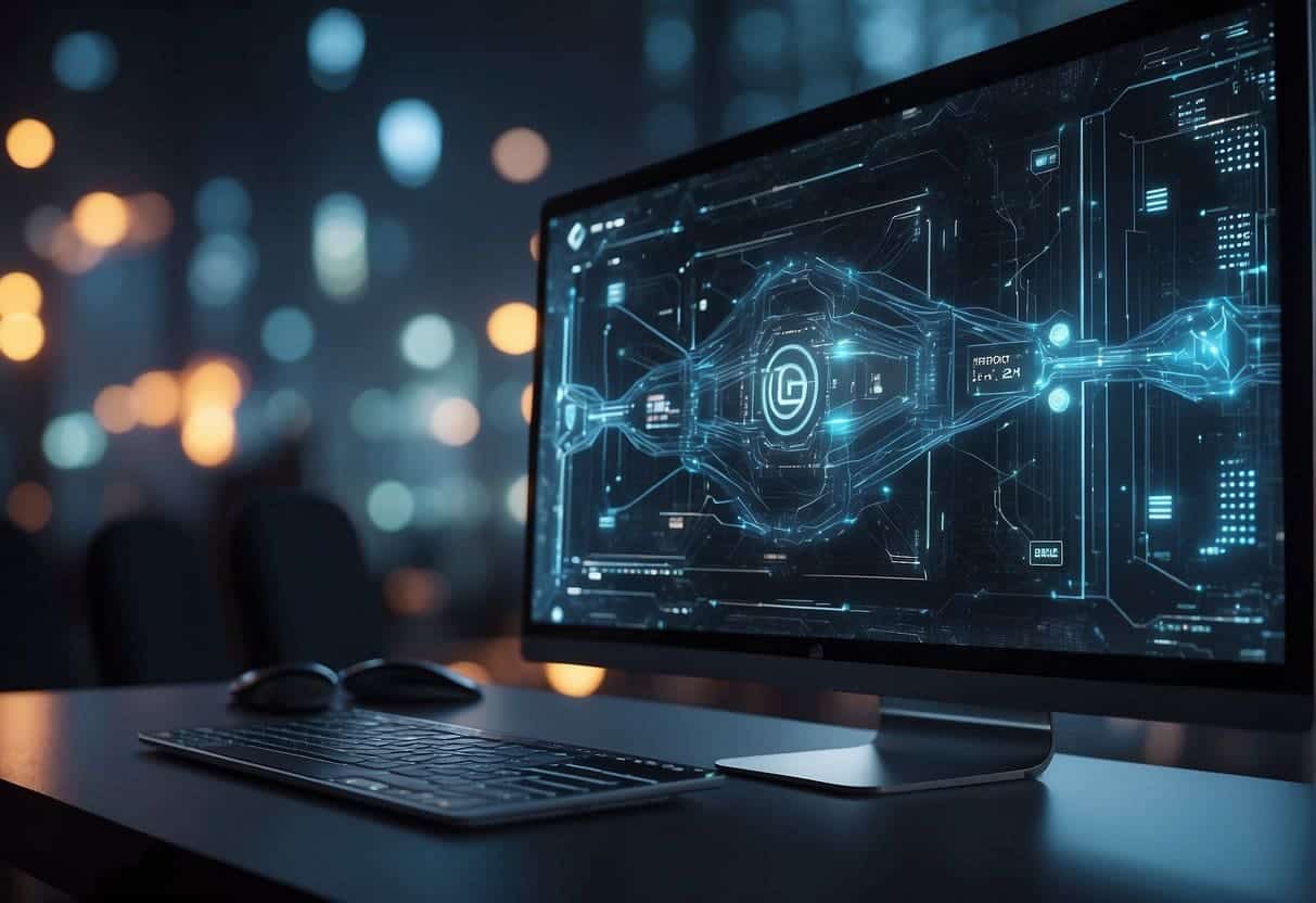 Smart contracts and decentralized web design merge in a futuristic cityscape, with blockchain technology at the forefront. Security and privacy symbols are embedded in the architecture