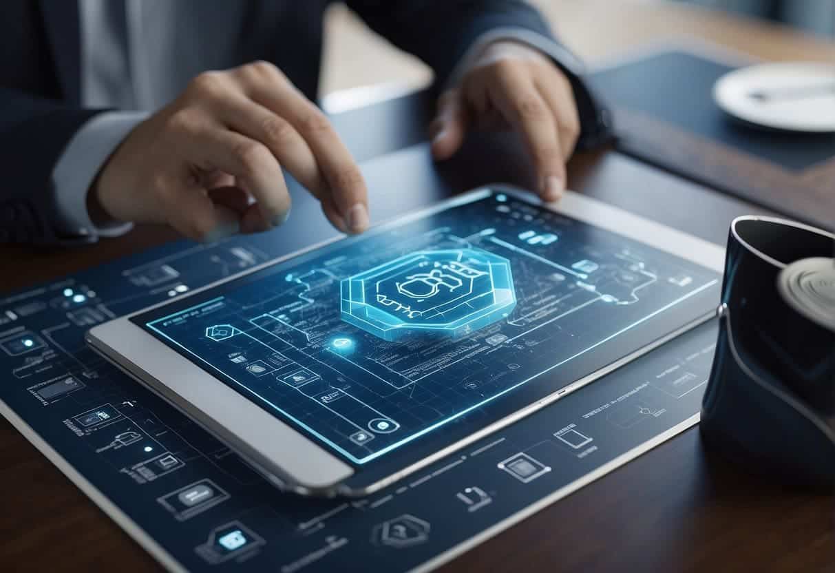 A smart contract icon hovers over a decentralized web design blueprint, surrounded by blockchain symbols