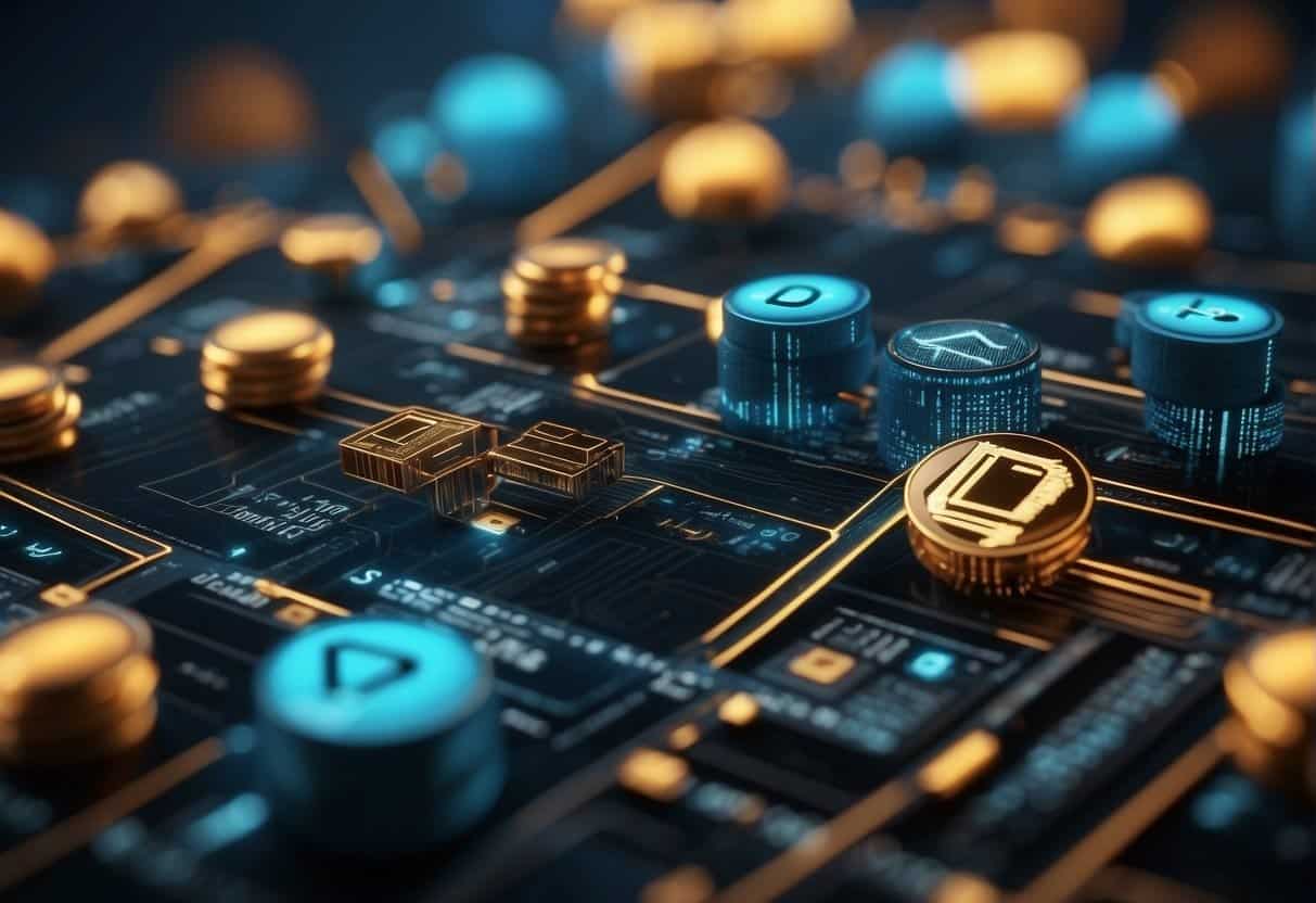 Blockchain symbols intertwine with web design elements, showcasing the potential for scalable smart contracts. Opportunities and challenges are visually represented in the innovative scene