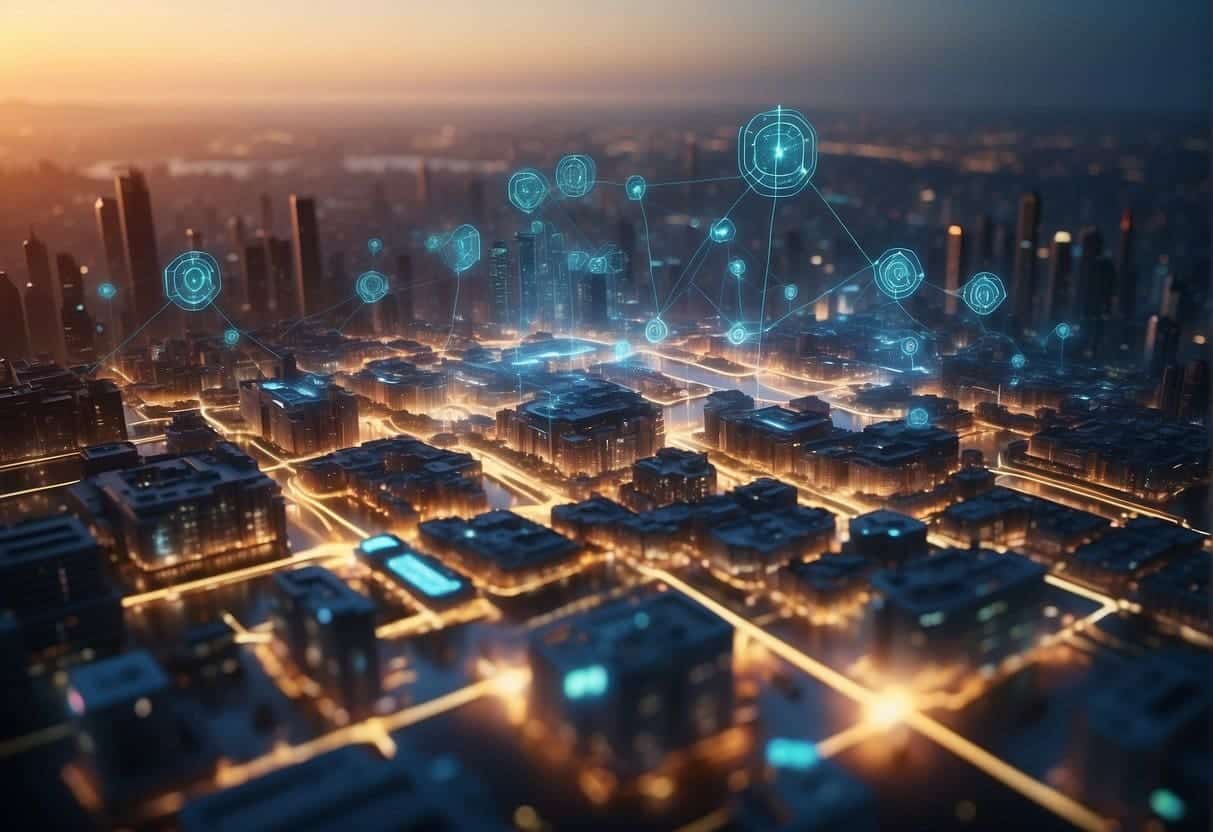A futuristic cityscape with interconnected nodes and blockchain symbols, showcasing smart contracts and decentralized web design