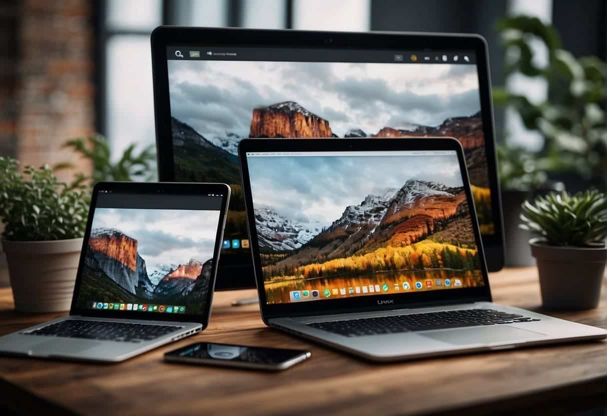 UX Consistency Across Platforms - Multiple devices - phone, tablet, laptop - arranged in a seamless layout. Consistent UX elements displayed across screens