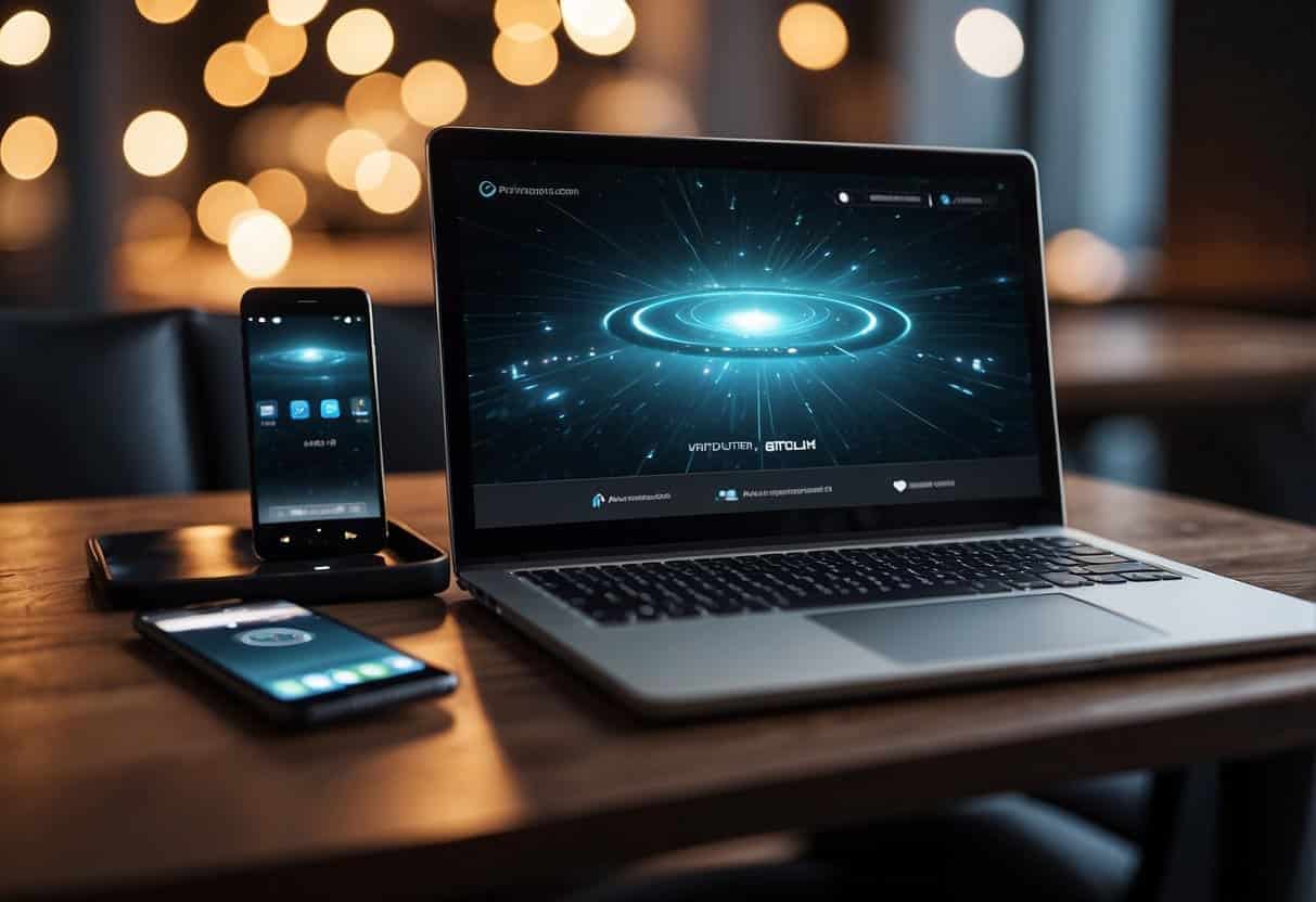 A laptop, tablet, and smartphone arranged in a seamless line, with consistent UX elements displayed on each screen