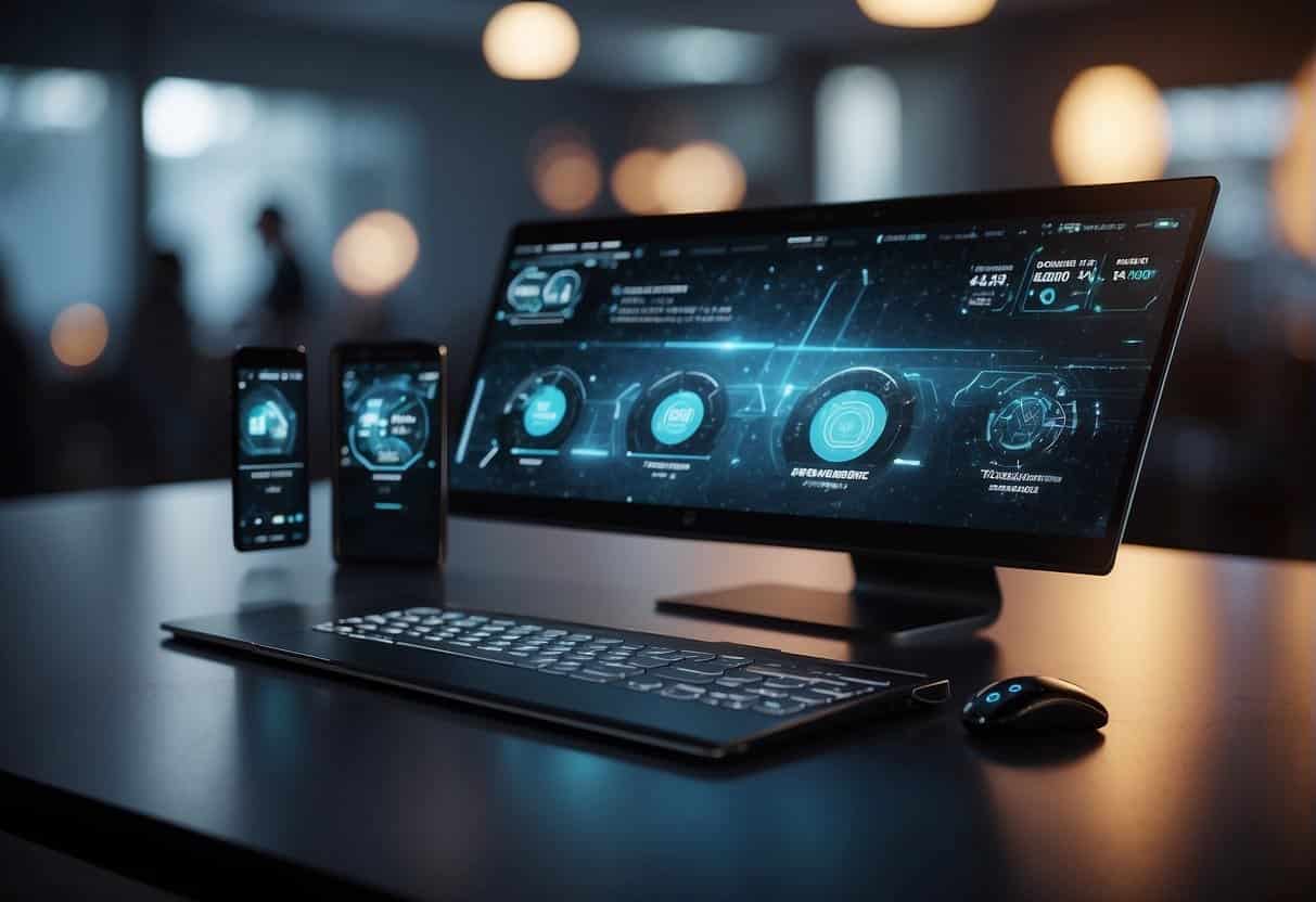 A futuristic interface seamlessly transitions across various devices, showcasing consistent UX design strategies