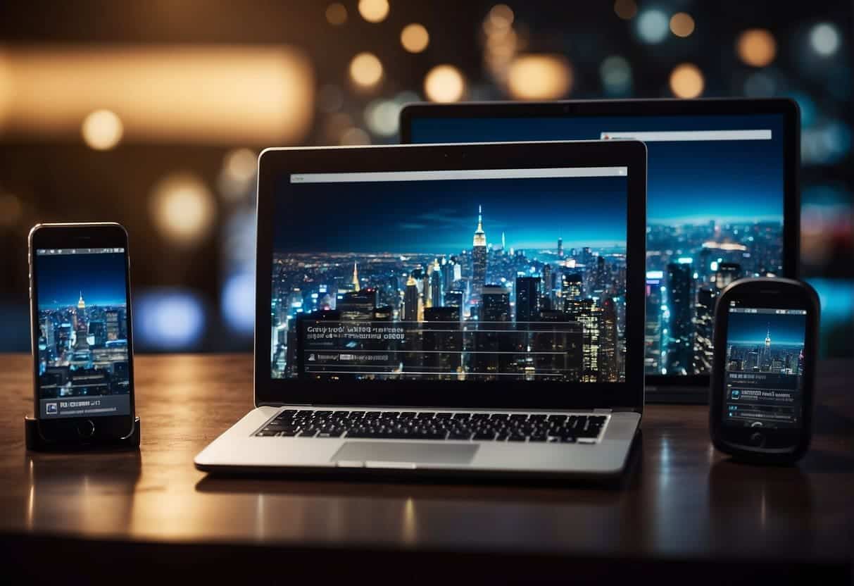 A variety of digital devices, such as smartphones, tablets, and laptops, are arranged in a seamless and consistent manner, showcasing a user experience design