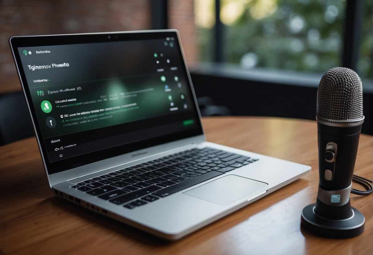 Designing Conversational Interfaces - A laptop displaying a website with a voice command interface. A microphone icon is prominent, and text displays clear, concise instructions for users