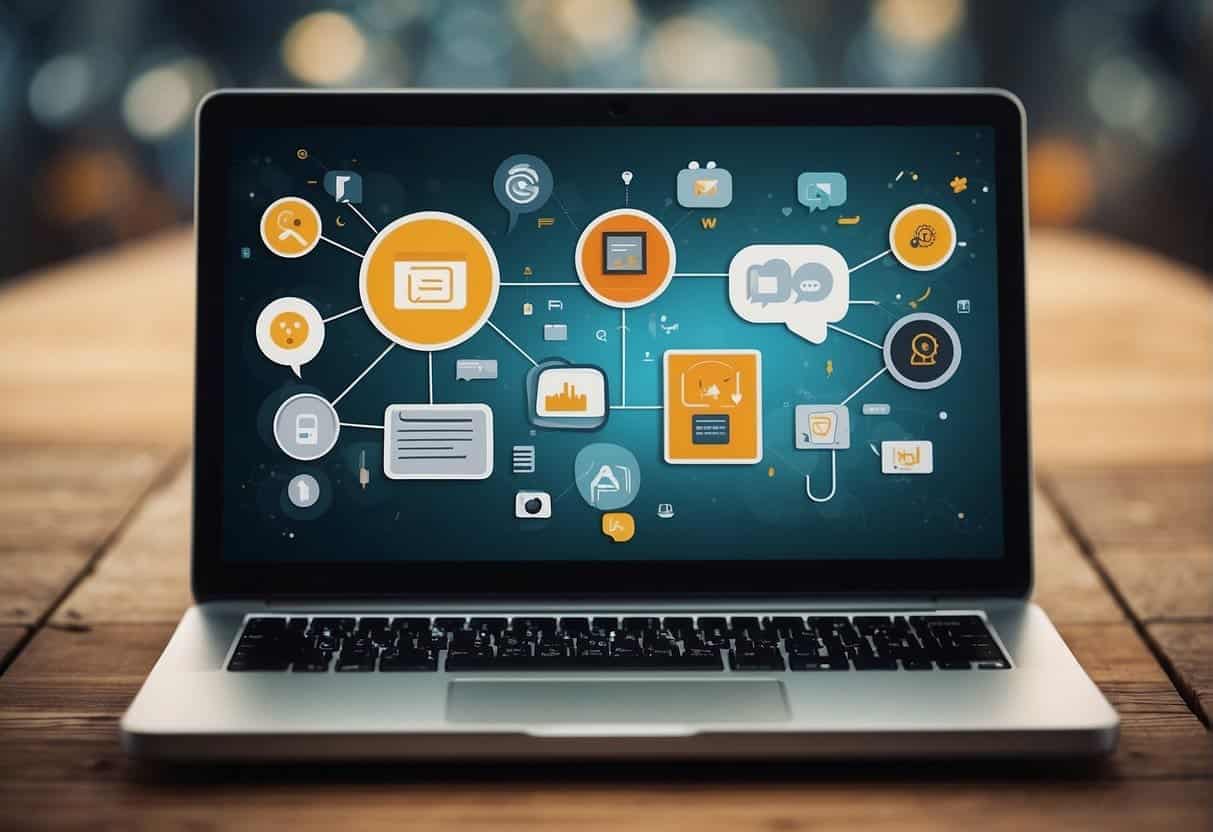 A laptop displaying a website with a voice-enabled interface, surrounded by speech bubbles and icons representing different conversational commands