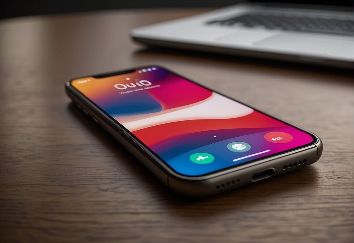 A smartphone sits on a desk, displaying a voice search interface. The screen shows a website being optimized for voice assistants