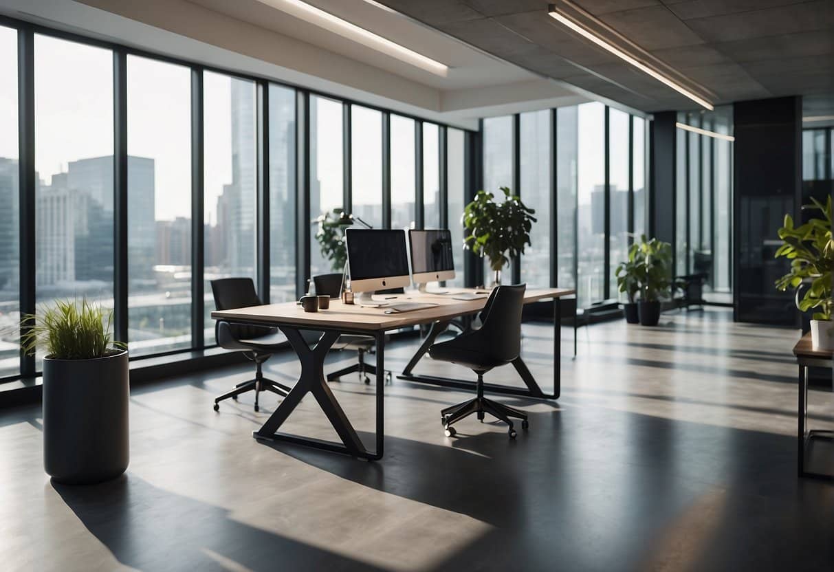 A sleek, modern office space with a voice assistant device integrated into the design. The AI seamlessly interacts with the web, showcasing the future of search