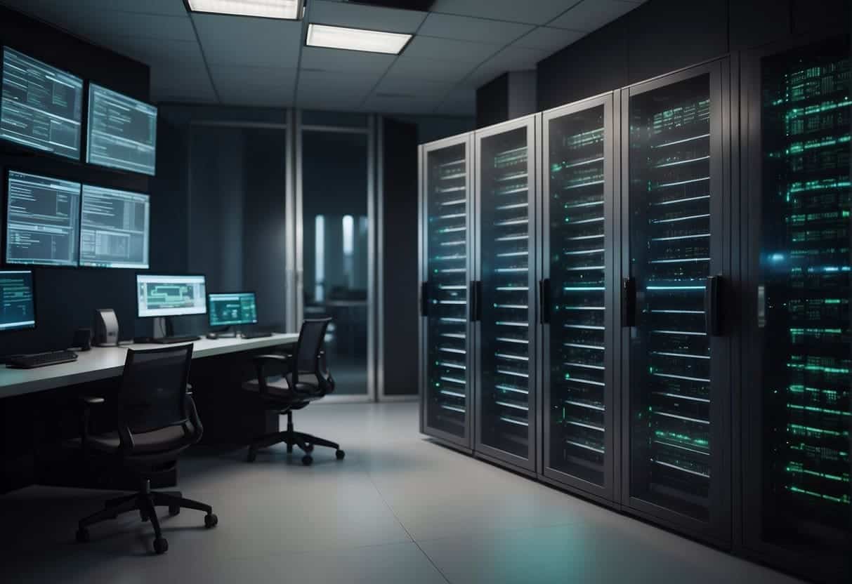 A secure server room with locked cabinets, encrypted files, and a GDPR compliance checklist displayed on a computer screen