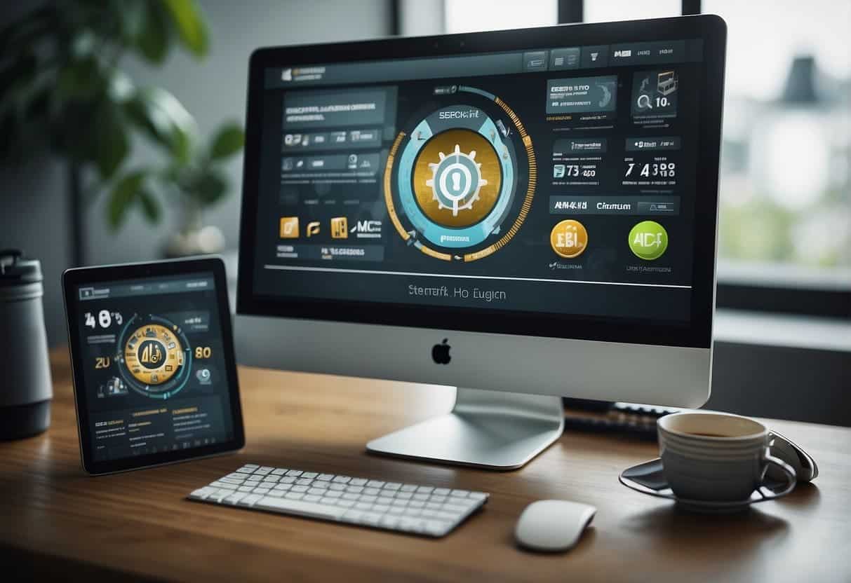 A computer screen displaying a website design with SEO elements highlighted, surrounded by design tools and SEO resources