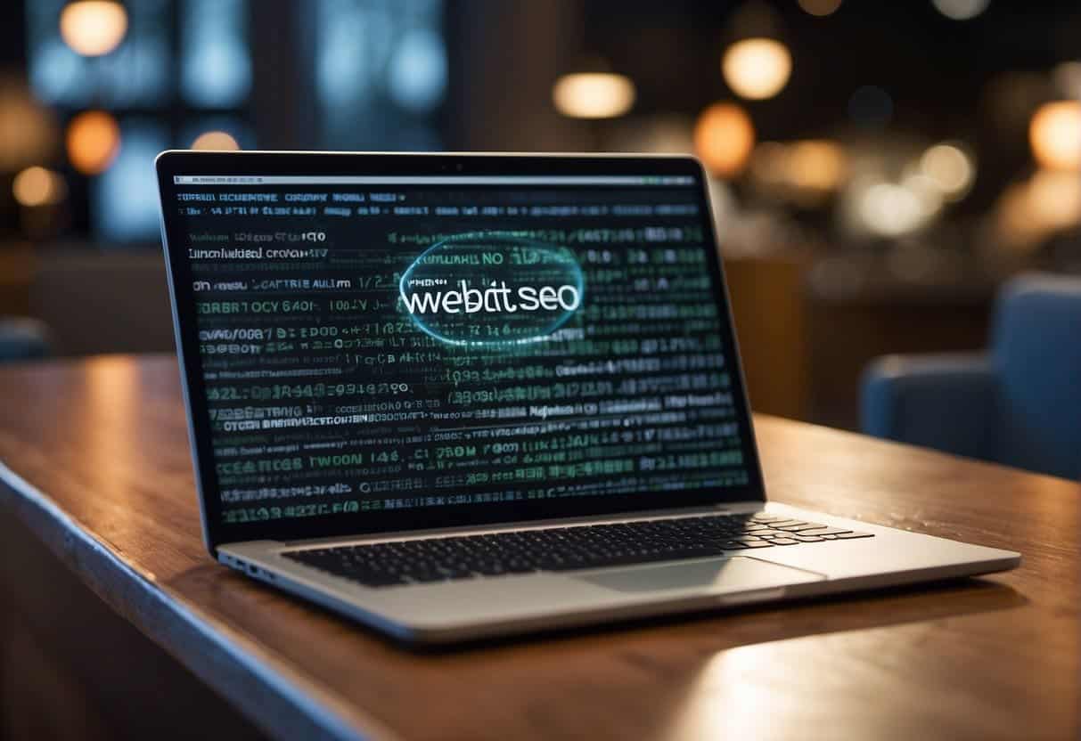 A laptop displaying a website with SEO-optimized content. A magnifying glass hovers over the screen, highlighting keywords and meta tags