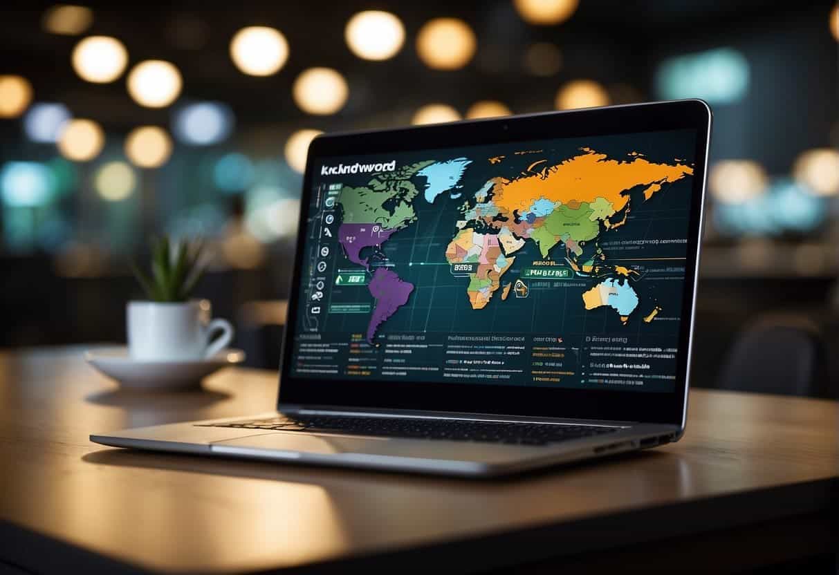 A computer screen displays a website with easy navigation, fast loading, and relevant content. SEO keywords are strategically placed throughout the design